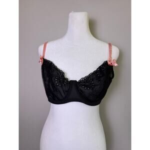 Gilligan & O’Malley Black Lace Underwire Bra Pink Bow 36D Sheer Feminine